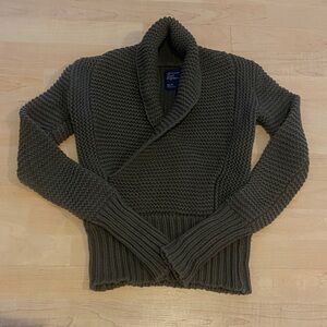 American Eagle Olive Green Shawl Collar Chunky Knit Sweater XS Cozy Waffle Knit